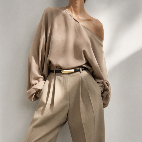 Generated with Kive.ai - need photo to sell those belts_ frame from the neck to the tighs. minimalist outfit in earth colours_ but no green_ made of luxury fabrics like wool silk_ outfits more for spring summer than autumn winter. white (4).png