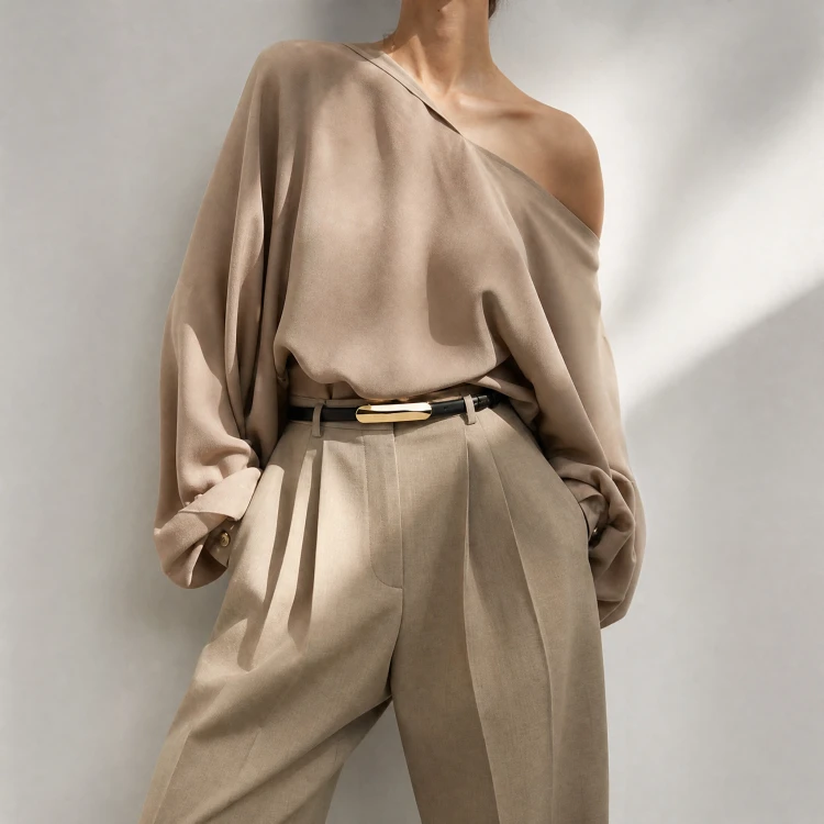 Generated with Kive.ai - need photo to sell those belts_ frame from the neck to the tighs. minimalist outfit in earth colours_ but no green_ made of luxury fabrics like wool silk_ outfits more for spring summer than autumn winter. white (4).png