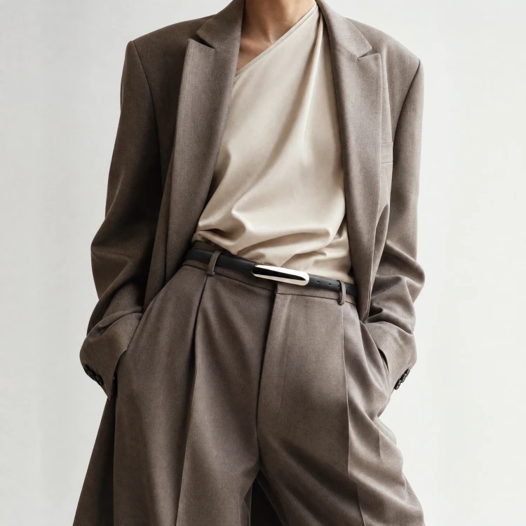 Generated with Kive.ai - need photo to sell those belts_ frame from the neck to the tighs. minimalist outfit in earth colours_ but no green_ made of luxury fabrics like wool silk_ outfits more for spring summer than autumn winter. white (3).png