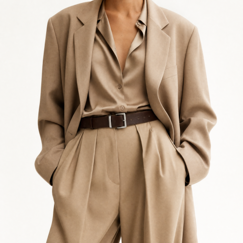 Generated with Kive.ai - need photo to sell those belts_ frame from the neck to the tighs. minimalist outfit in earth colours_ but no green_ made of luxury fabrics like wool silk_ outfits more for spring summer than autumn winter. white (5).png
