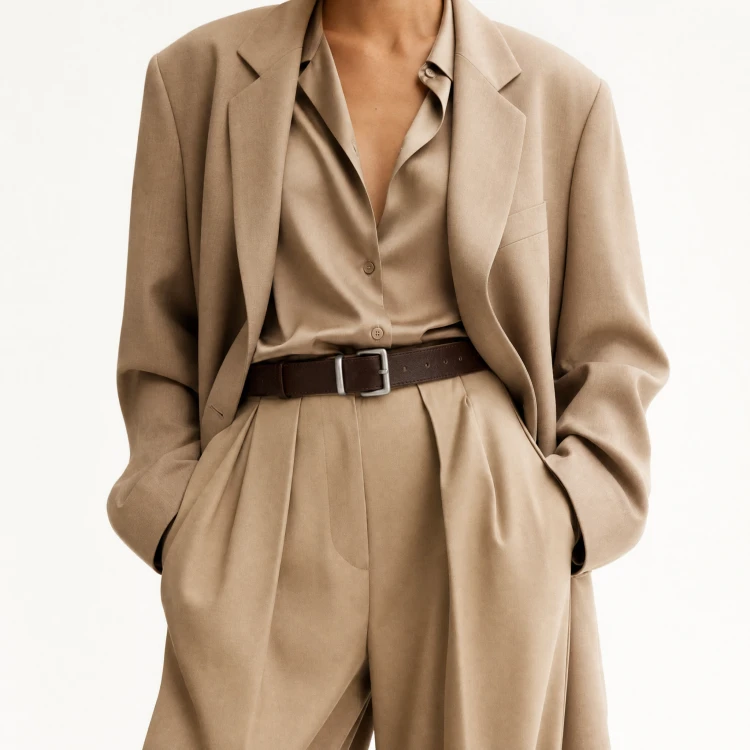 Generated with Kive.ai - need photo to sell those belts_ frame from the neck to the tighs. minimalist outfit in earth colours_ but no green_ made of luxury fabrics like wool silk_ outfits more for spring summer than autumn winter. white (5).png