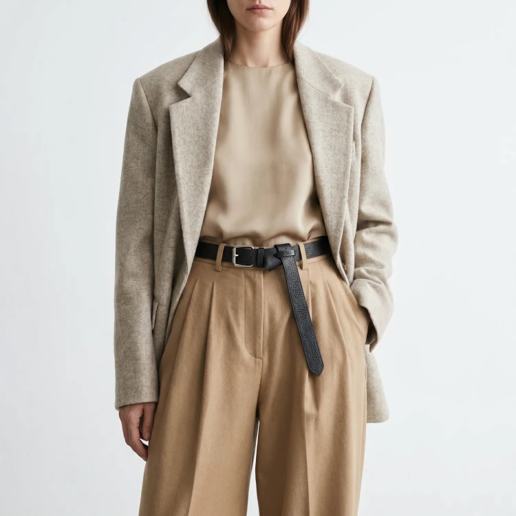 Generated with Kive.ai - need photo to sell those belts_ frame from the neck to the tighs. minimalist outfit in earth colours_ but no green_ made of luxury fabrics like wool silk_ outfits more for spring summer than autumn winter. whit (10).png
