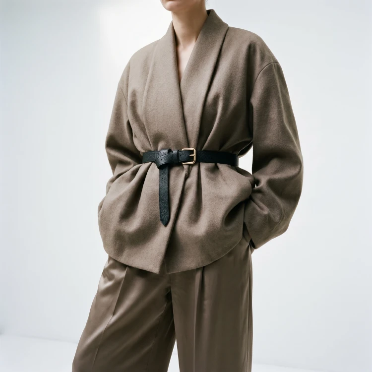Generated with Kive.ai - need photo to sell those belts_ frame from the neck to the tighs. minimalist outfit in earth colours_ but no green_ made of luxury fabrics like wool silk_ outfits more for spring summer than autumn winter. whit (11).png