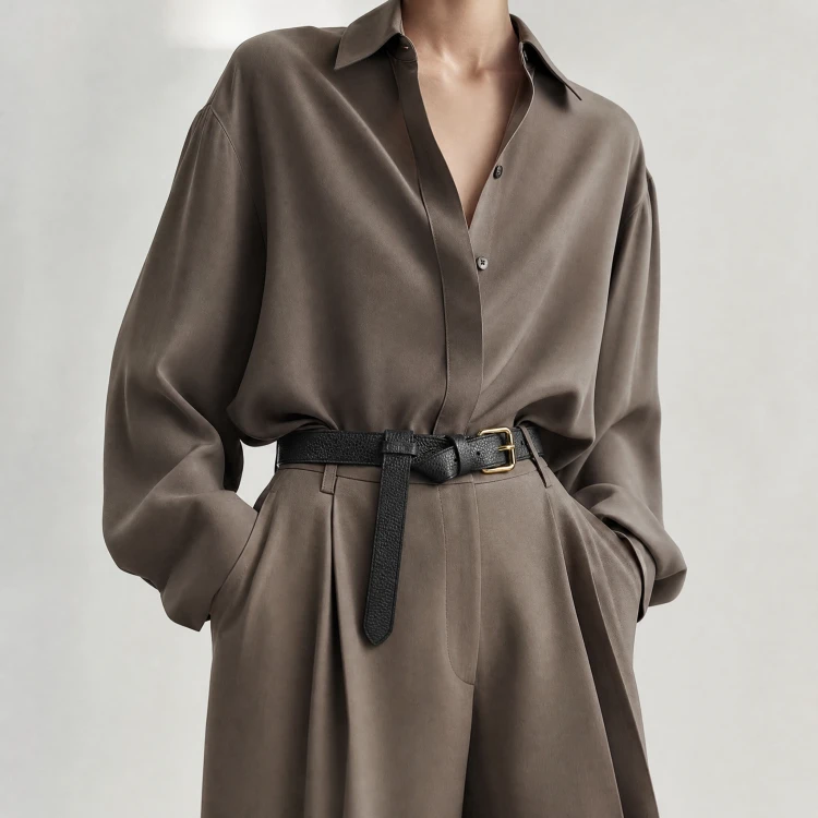 Generated with Kive.ai - need photo to sell those belts_ frame from the neck to the tighs. minimalist outfit in earth colours_ but no green_ made of luxury fabrics like wool silk_ outfits more for spring summer than autumn winter. whit (14).png