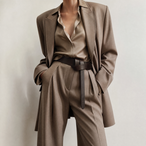 Generated with Kive.ai - need photo to sell those belts_ frame from the neck to the tighs. minimalist outfit in earth colours_ but no green_ made of luxury fabrics like wool silk_ outfits more for spring summer than autumn winter. whit (13).png