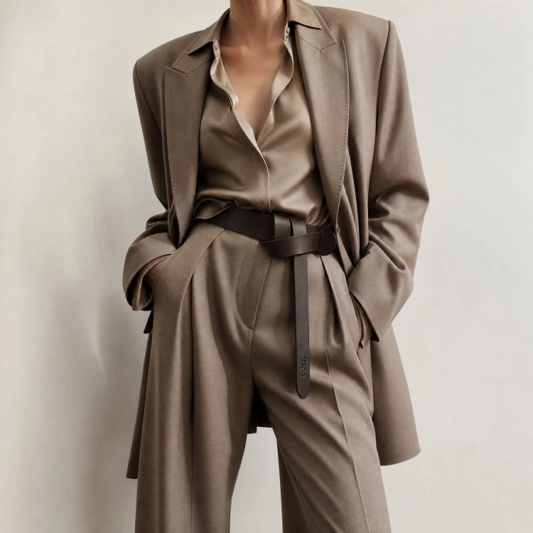 Generated with Kive.ai - need photo to sell those belts_ frame from the neck to the tighs. minimalist outfit in earth colours_ but no green_ made of luxury fabrics like wool silk_ outfits more for spring summer than autumn winter. whit (13).png