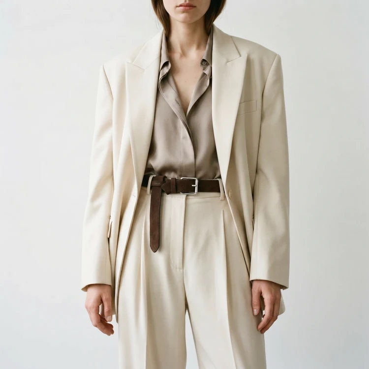 Generated with Kive.ai - need photo to sell those belts_ frame from the neck to the tighs. minimalist outfit in earth colours_ but no green_ made of luxury fabrics like wool silk_ outfits more for spring summer than autumn winter. whit (16).png