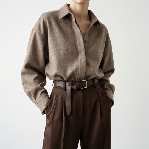 Generated with Kive.ai - need photo to sell those belts_ frame from the neck to the tighs. minimalist outfit in earth colours_ but no green_ made of luxury fabrics like wool silk_ outfits more for spring summer than autumn winter. whit (20).png