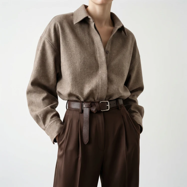 Generated with Kive.ai - need photo to sell those belts_ frame from the neck to the tighs. minimalist outfit in earth colours_ but no green_ made of luxury fabrics like wool silk_ outfits more for spring summer than autumn winter. whit (20).png