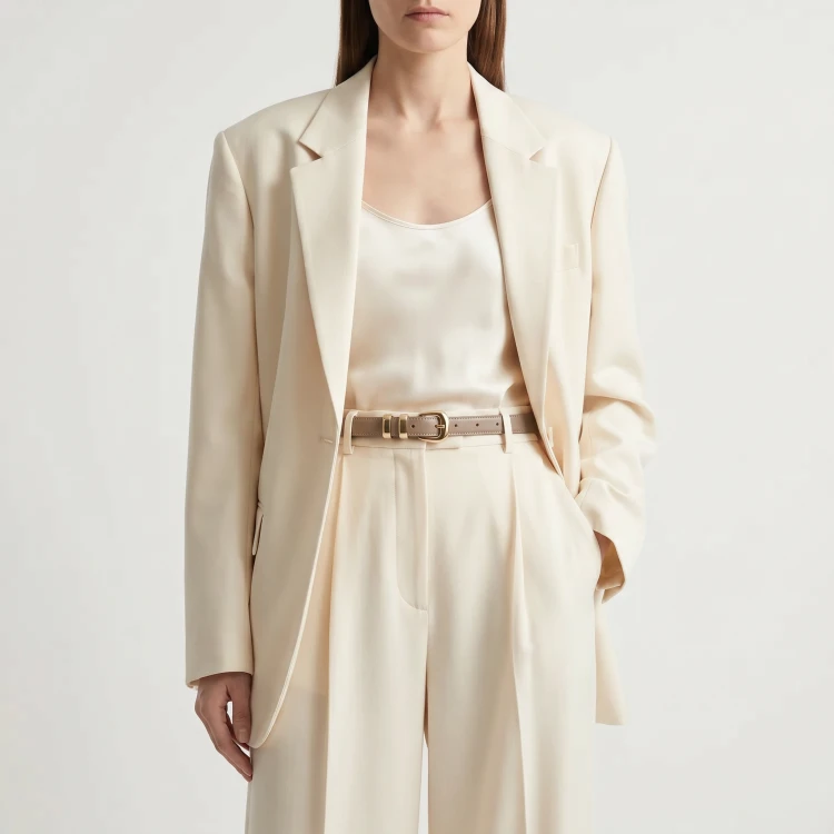 Generated with Kive.ai - need photo to sell those belts_ frame from the neck to the tighs. minimalist outfit in earth colours_ but no green_ made of luxury fabrics like wool silk_ outfits more for spring summer than autumn winter. whit (32).png