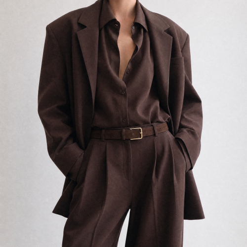 Generated with Kive.ai - need photo to sell those belts_ women_ frame from the neck to the tighs. minimalist outfit in earth colours_ but no green orange or anything this type_ made of luxury fabrics like wool silk_ outfits more for spr (1).png