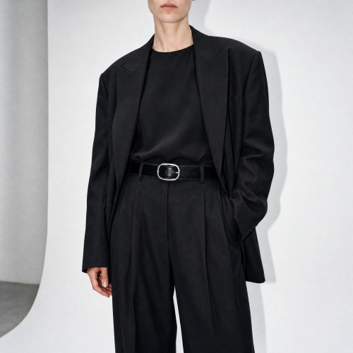 Generated with Kive.ai - Create a new fashion product-photo variation from this image. Keep the same neck-to-thigh crop_ minimalist white background_ editorial composition_ belt placement_ black leather strap_ strap width_ holes_ and buckle.png